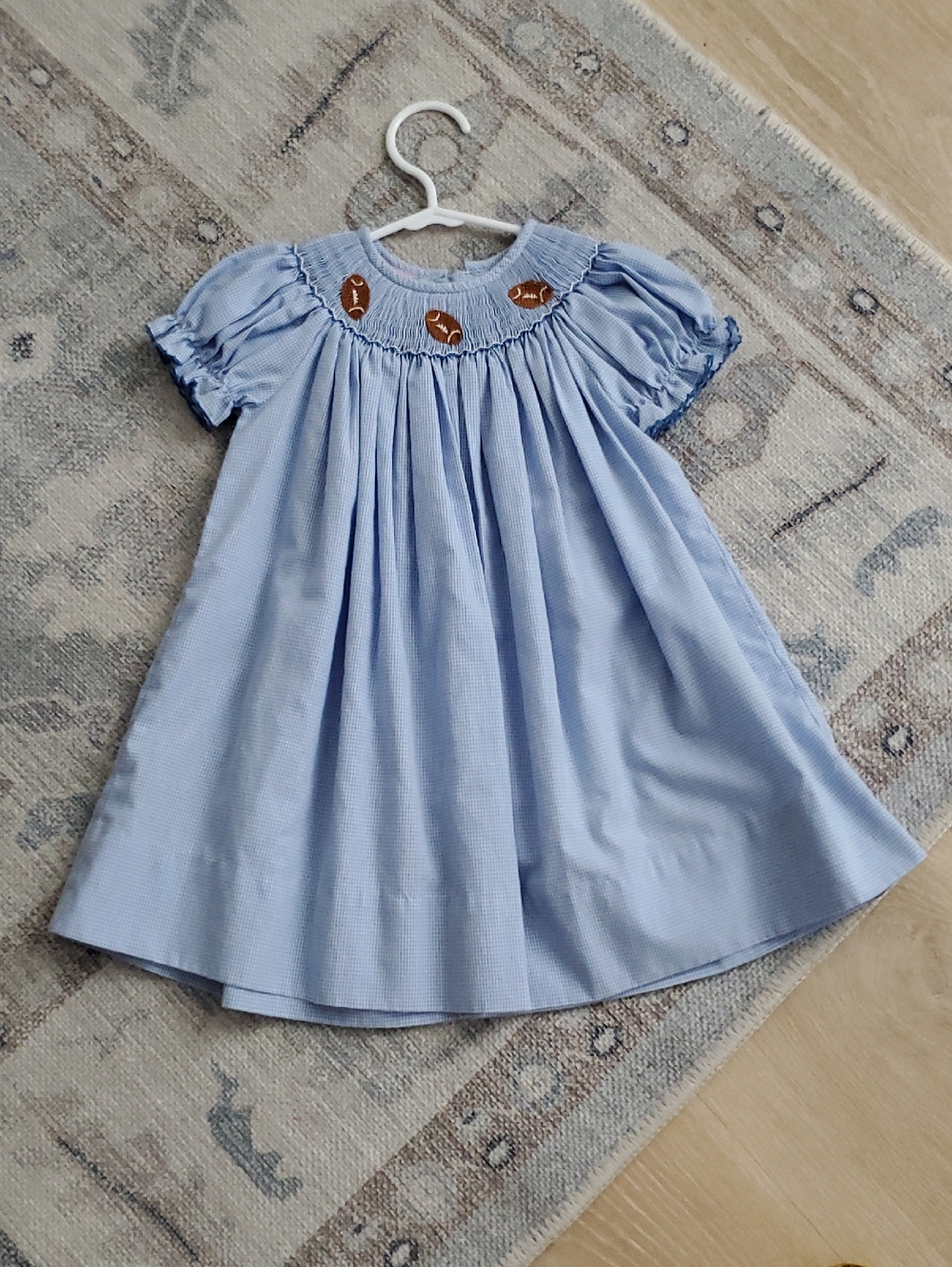 Petit Bebe Girls Blue Smocked Embroidered Football Bishop Dress Sz18m